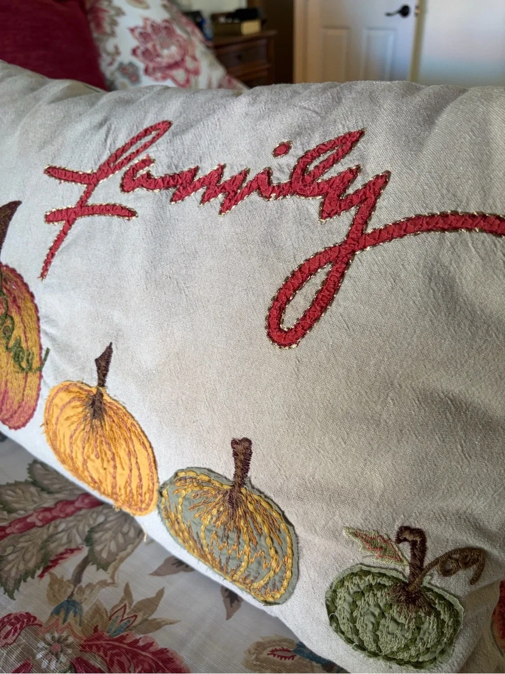 Family Embroidered Pumpkin Accent Pillow - Neutral with Orange and Green